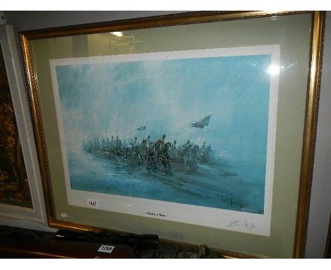 A framed and glazed signed print entitled 'Guns of War'.  Collect only.  67 x 82 cm.  