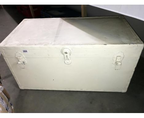 A large painted travel trunk. Collect only. (99cm x 51cm x 51cm)