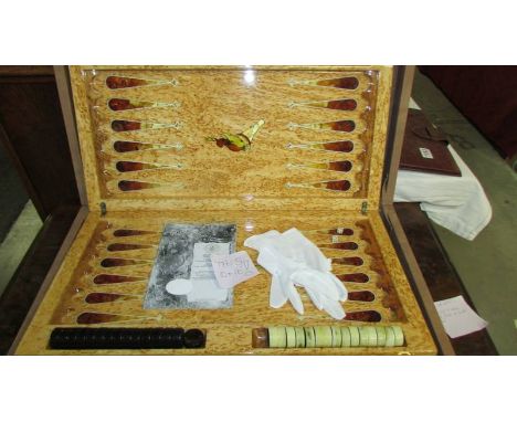 A rare Russian Emelyanov amber-redwood luxury backgammon hockey design set in case. Unused and contents include gloves and ou