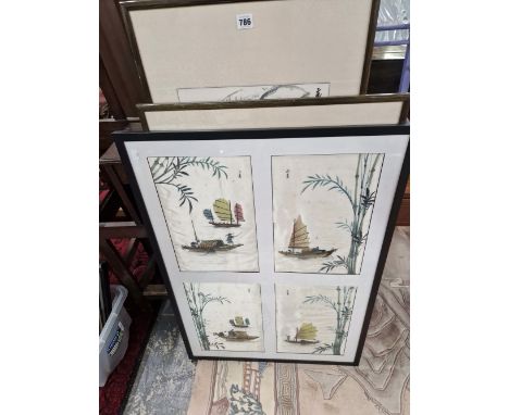 TWO FRAMED CHINESE SCROLL PAINTINGS TOGETHER WITH FOUR PAINTINGS OF SAILING JUNKS IN A COMMON FRAME