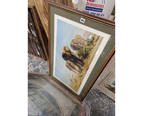 A DAVID SHEPHERD ELEPHANT PRINT TOGETHER WITH THREE OTHER FRAMED PRINTS