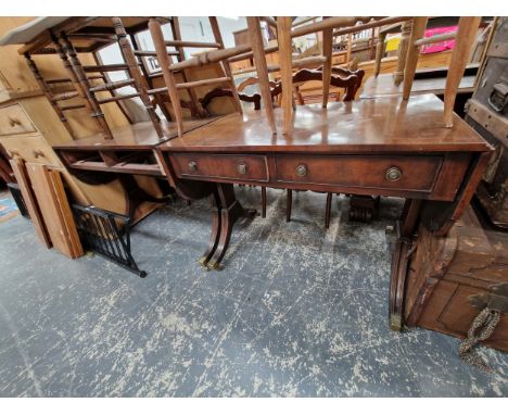 A PAIR OF 19th C. STYLE ROSEWOOD SOFA TABLES WITH REEDED LEGS ON BRASS CAPPED CASTER FEET