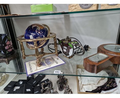 AN ASTON TRADING GEMSTONE GLOBE, A LEADED GLASS LAMP AND TEA POT TOGETHER WITH AN OAK CASED ANEROID BAROMETER