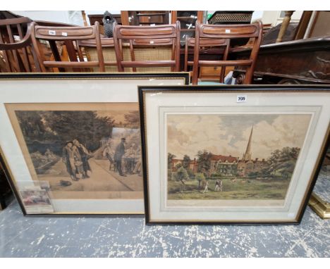 A WALTER COX PENCIL SIGNED PRINT OF REPTON SCHOOL TOGETHER WITH A PRINT OF CARD PLAYERS IN A GARDEN