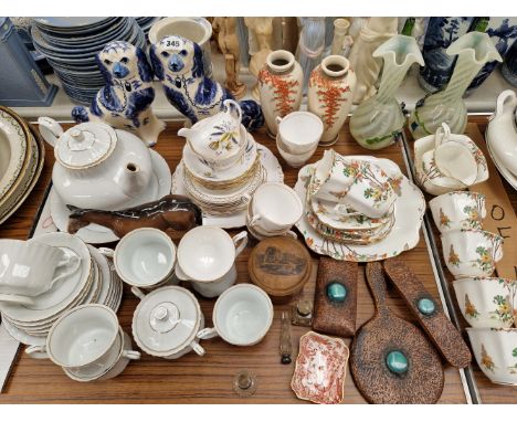 COLCLOUGH AND OTHER TEA WARES, A PAIR OF SATSUMA VASES, SILVER MOUNTED SCENT BOTTLES, A MAUCHLINE BOX, ETC.