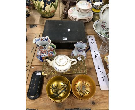 A BOXED COFFEE SET, TWO MASONS JUGS, A BRASS TRIVET, JAPANESE LACQUER BOWLS, A DATED TEA POT, ETC.