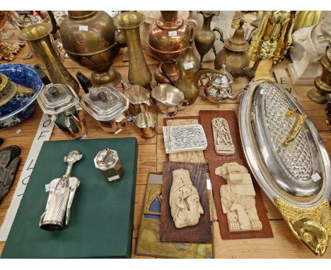 AN ELECTROPLATE FISH TUREEN AND COVER, TEA AND COFFEE SET, MIDDLE EASTERN BRASS AND COPPER WARE, ETC. 