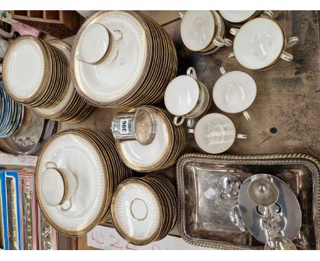 A DOULTON PART TEA AND DINNER SERVICE, A SILVER JAR AND COVER, ELECTROPLATE VEGETABLE TUREEN, ETC.