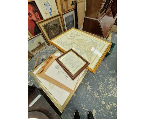 A HAND COLOURED PRINT OF HONEYSUCKLE, 70/150, A FRAMED PUBLISHING PROPOSAL TOGETHER WITH A MAP OF BRITISH FOX HUNT AREAS 