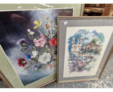 A VESPIGNANI PENCIL SIGNED LIMITED EDITION PRINT OF A CITY TOGETHER WITH ANOTHER OF FLOWER PENCIL BY JOHN LANCASTER
