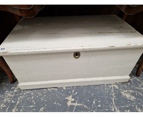 A VICTORIAN PAINTED PINE BLANKET BOX TOGETHER WITH A BOX OF VINTAGE MODEL RAILWAY TRACK.