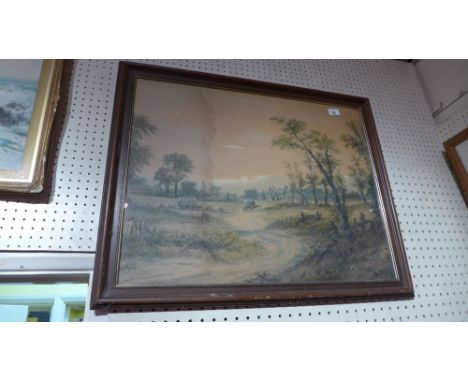 A collection of various watercolour and print landscape studies, framed 