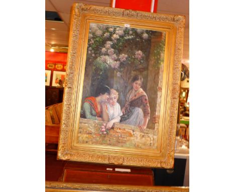 A large oil on canvas Continental portrait study of three girls with flowers looking over a wall in ornate gilt frame