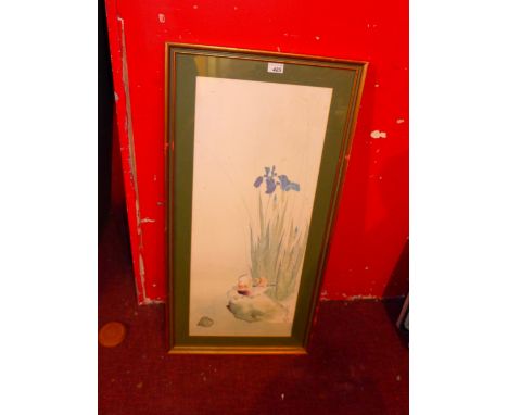 An Oriental print of water birds beside a pond, framed 