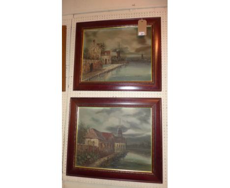 A pair of Dutch oil on canvas laid on board windmill canal scenes, signed lower right 'K Gatrill' in gilt heightened frames 3