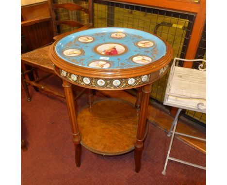 A good 19th century French walnut occasional table, the circular top inset with a Sevres blue celeste circular charger decora