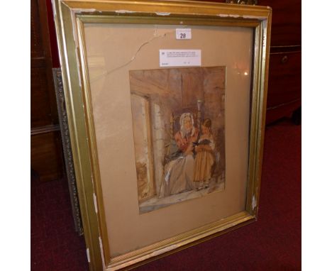An early 20th century watercolour of an elderly lady and child reading together with an Oriental silkwork panel and an Easter