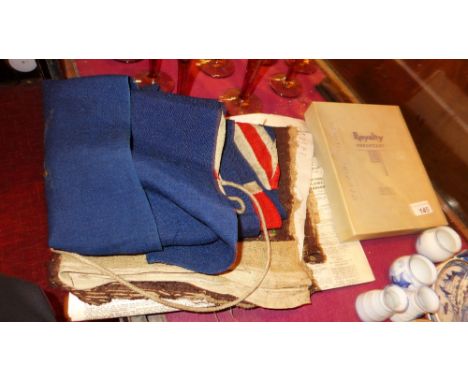 A group of collectable's comprising flag, bayonet, historical tapestry and a collection of commemorative newspapers