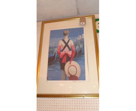 A limited edition print of a lady overlooking Venetian gondolas with San Marcad to the distance, indistinctly pencil signed l