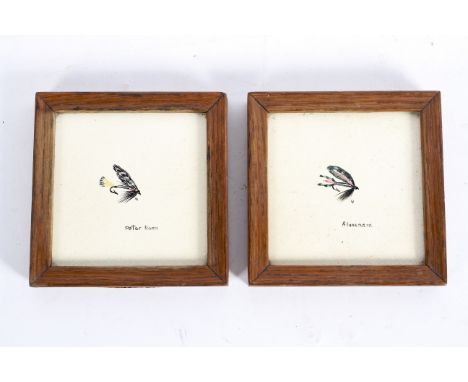 Two cream-glazed ceramic tiles within oak frames, depicting fishing flies, named 'Alexandra' and 'Peter Ross'