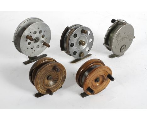 Two vintage wooden fishing rods and three other metal ones, one of the wooden reels marked for Wilards, the others include Th