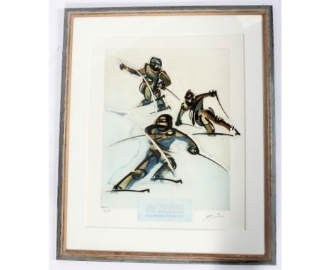 A print of Skiers, 'Les Arcs, Bourg Sainte Mauricce', for the Coupe du Monde, Ski Alpin 2001, signed A Bar, No 36/99, framed,