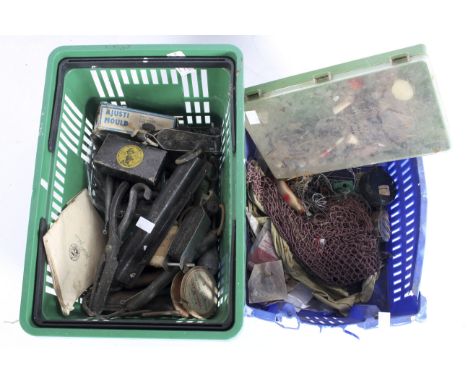 Fishing accessories, including baskets containing assorted scales, leads, line, lures, nets and other items 