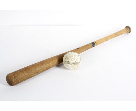 A vintage wooden baseball bat and white leather ball, the bat 85 cm long 