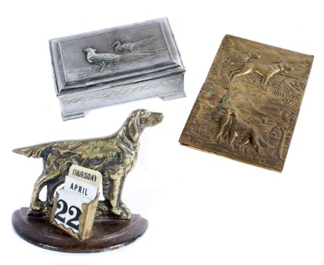 An early 20th century metal cigar box and hinged cover, with pheasant decoration, 17 cm wide, a brass wood-mounted hunting do