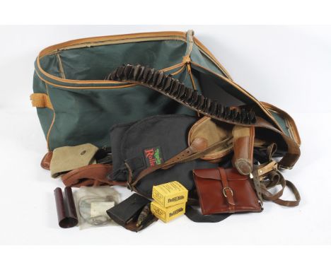A bag of gun related items, including canvas gun slips, leather ammunition belt, a vintage E.T.F. ltd tool, in a green canvas