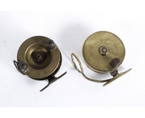 Two vintage brass fishing reels, comprising: an Ogden Smiths and a Mallochs patent brass reel engraved with the initials JHH,