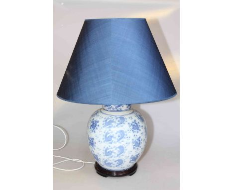 Large blue and white fish decorated table lamp and shade
