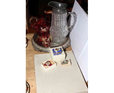 Mirror cakestand, ruby glass jug and beaker, three pill boxes, Staffordshire cake plate and slice, and heavy cut glass water 