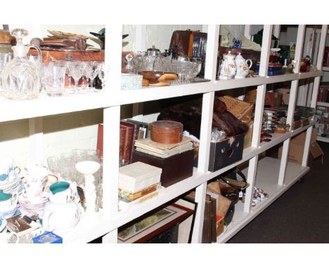 Full shelf of teaware, glassware, wood boxes, books, fur coats, dessert set, wicker ware and collectables