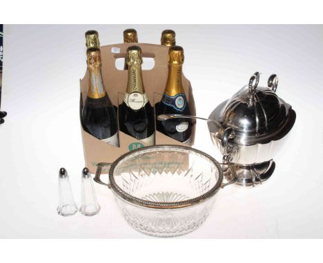 Six bottles of champagne, silver plated tureen and ladle, glass bowl and salt and pepper