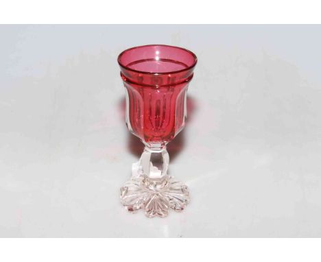 Unusual 19th Century ruby glass goblet, with faceted bowl and shaped base, 15cm