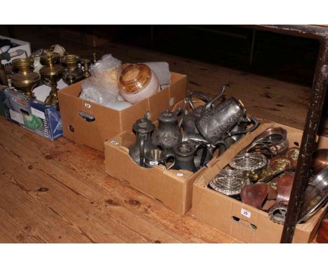 Five boxes of brass, copper, silver plate and metal wares, glass light shades, etc