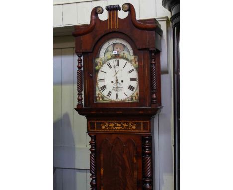 Large and imposing early Victorian inlaid mahogany longcase clock, eight day with painted arched dial signed J.M. Unsworth, N