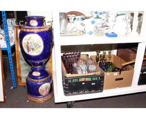 Decorative china, jardiniere and stand, print, brass candlesticks, clear and coloured glassware, etc