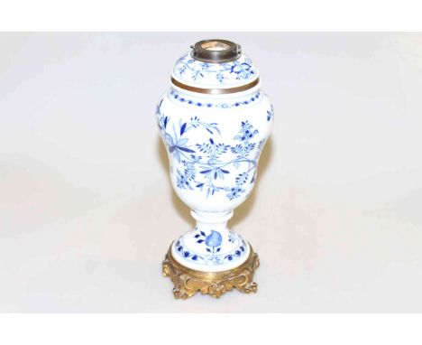 Meissen blue and white lamp base, 19th Century, with gilt-metal base, 38cm