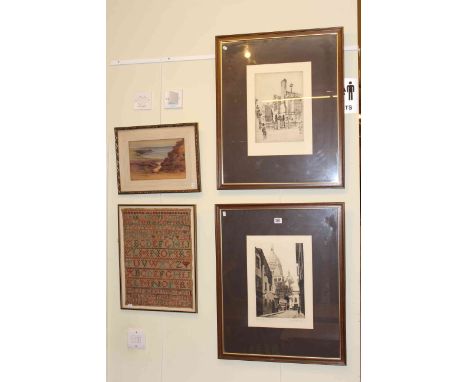 Frank Greenwood, etching; etching of Eglise Sacrecoeur, Montmarte; sampler; and P.J. Atkins, watercolour (4)