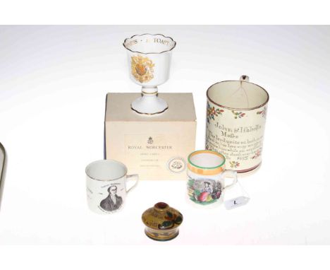 Royal Worcester toasting cup, Georgian marriage mug, Victorian earth cup, railway cup and Torquay inkwell