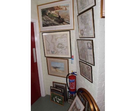 Three Morden maps, Saxton and Hole map of Berkshire, watercolour of a street scene, dog pictures including Cecil Aldin prints