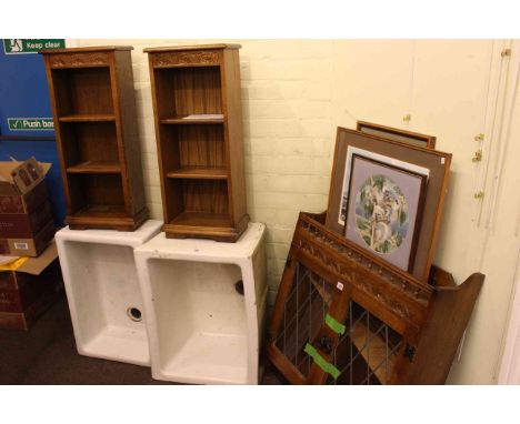 Oak wall cabinet and pair of matching DVD cabinets, three needlework pictures and print