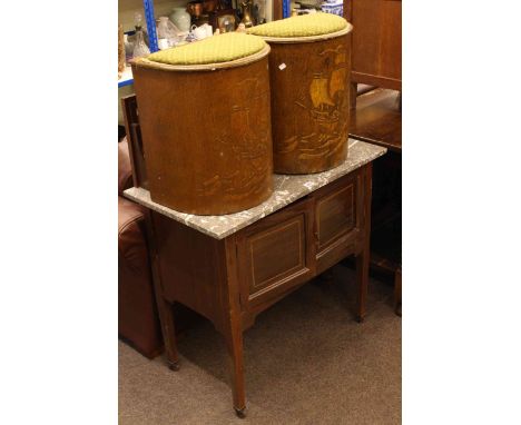 Mahogany marble topped washstand, two half round storage stools and commode stool
