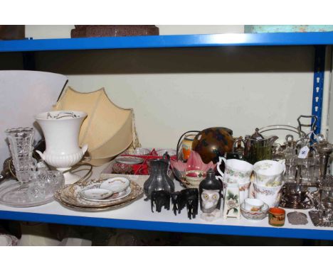 Table lamp, silver plated ware, glass and china, ornaments, etc