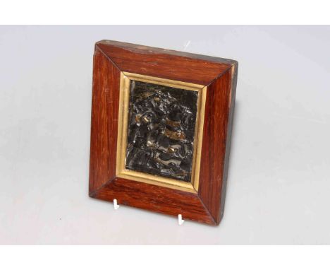 Interesting bronze plaque, depicting a battle, in a rosewood frame
