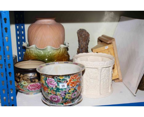 Pottery jardinieres, wood wall bracket and pair of wall brackets