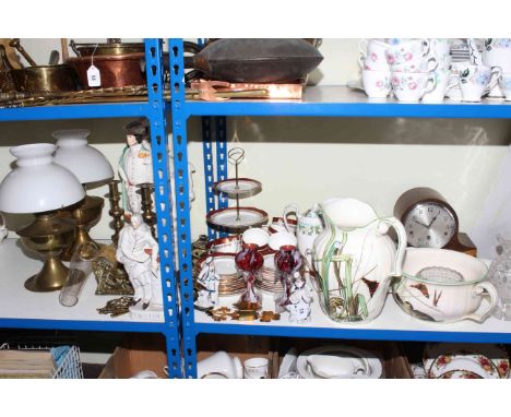 Pair of large Staffordshire figures, brass lamps and brassware, teaware, Mintons toilet jug and chamber, mantel clock, etc