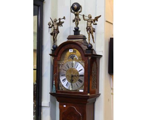 Decorative gilt metal mounted burr wood longcase clock, the hood with figures and raised on ball and claw feet